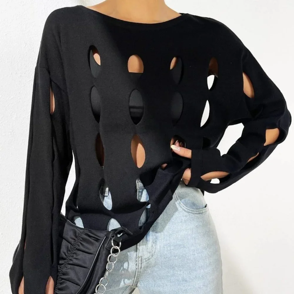 Black Preppy Womens Cut Out Drop Shoulder Sweater - Picture 1 of 5